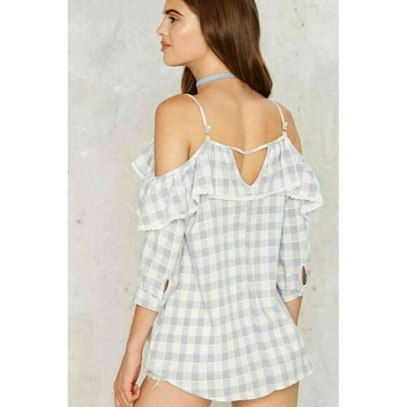 Pursue By Nasty Gal Women's Gray Going Gingham Cold Shoulder Top One Size NWOT - Picture 7 of 14